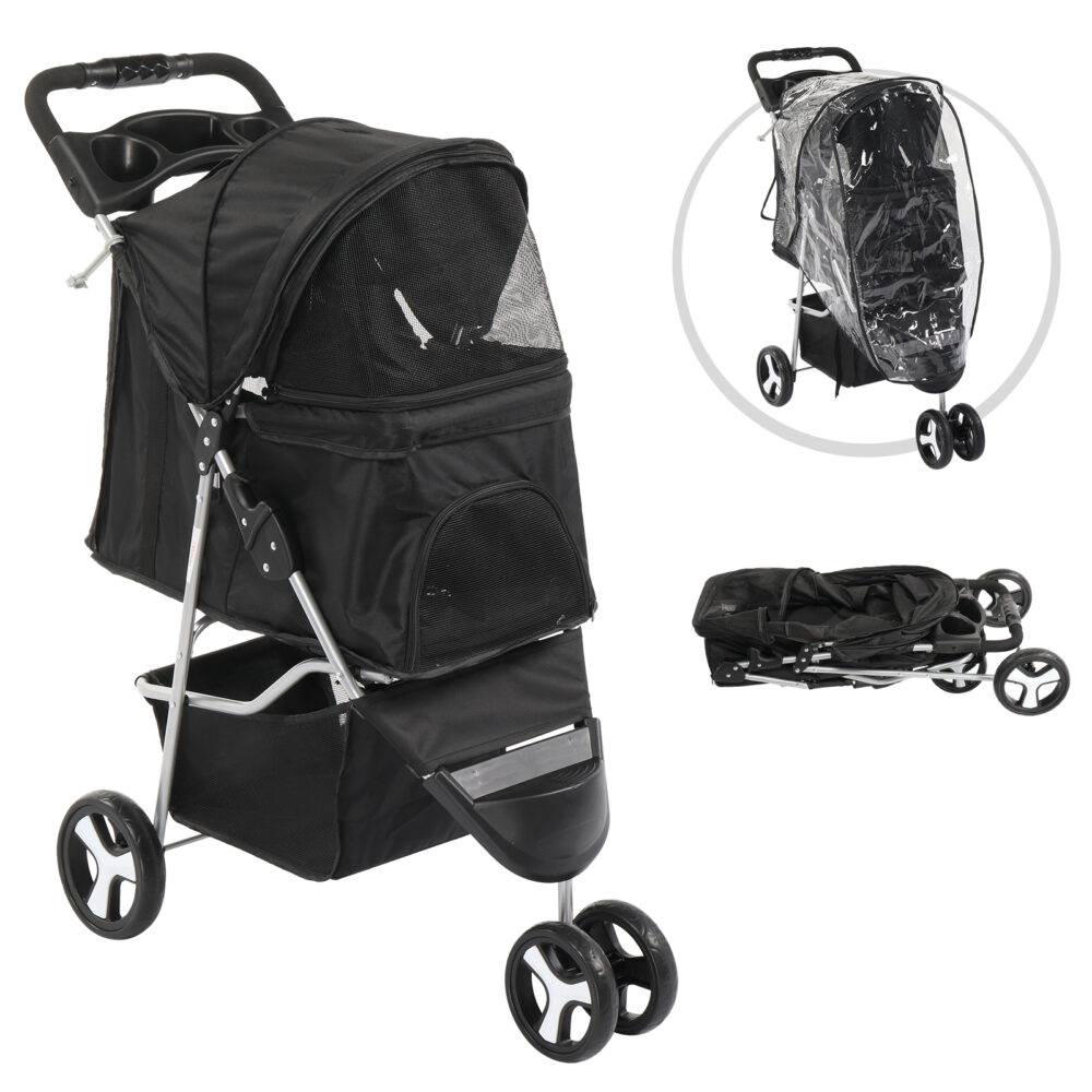 3 Wheels Pet Stroller, Dog Cat Cage Jogger Stroller for Medium Small Dogs Cats, Travel Folding Carrier Waterproof Puppy Stroller with Cup Holder & Removable Liner, Black #JL06-98834310 - Image 2