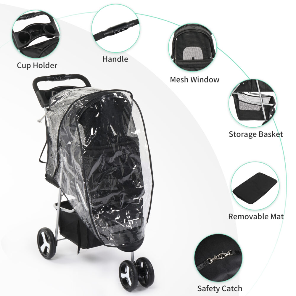 3 Wheels Pet Stroller, Dog Cat Cage Jogger Stroller for Medium Small Dogs Cats, Travel Folding Carrier Waterproof Puppy Stroller with Cup Holder & Removable Liner, Black #JL06-98834310 - Image 7