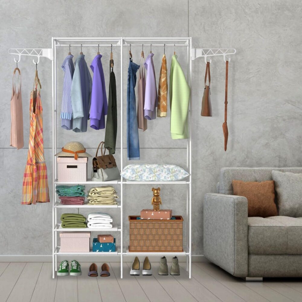 Metal Garment Rack Shoe Clothing Organizer Shelves Freestanding Multifunctional Clothes Wardrobe #JL06-95325397