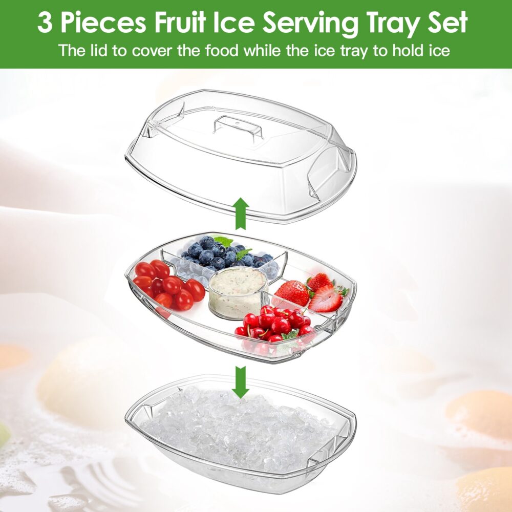 Fruit Ice Serving Tray Chilled Veggie Tray Shrimp Cocktail Serving Dish Appetizer Party Serving Platter Cold Food Buffet Server with Lid and 4 Compartments 3 Tongs 10 Sporks #JL06-18220155 - Image 2