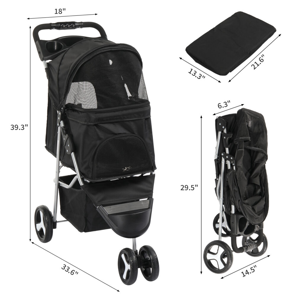 3 Wheels Pet Stroller, Dog Cat Cage Jogger Stroller for Medium Small Dogs Cats, Travel Folding Carrier Waterproof Puppy Stroller with Cup Holder & Removable Liner, Black #JL06-98834310 - Image 3