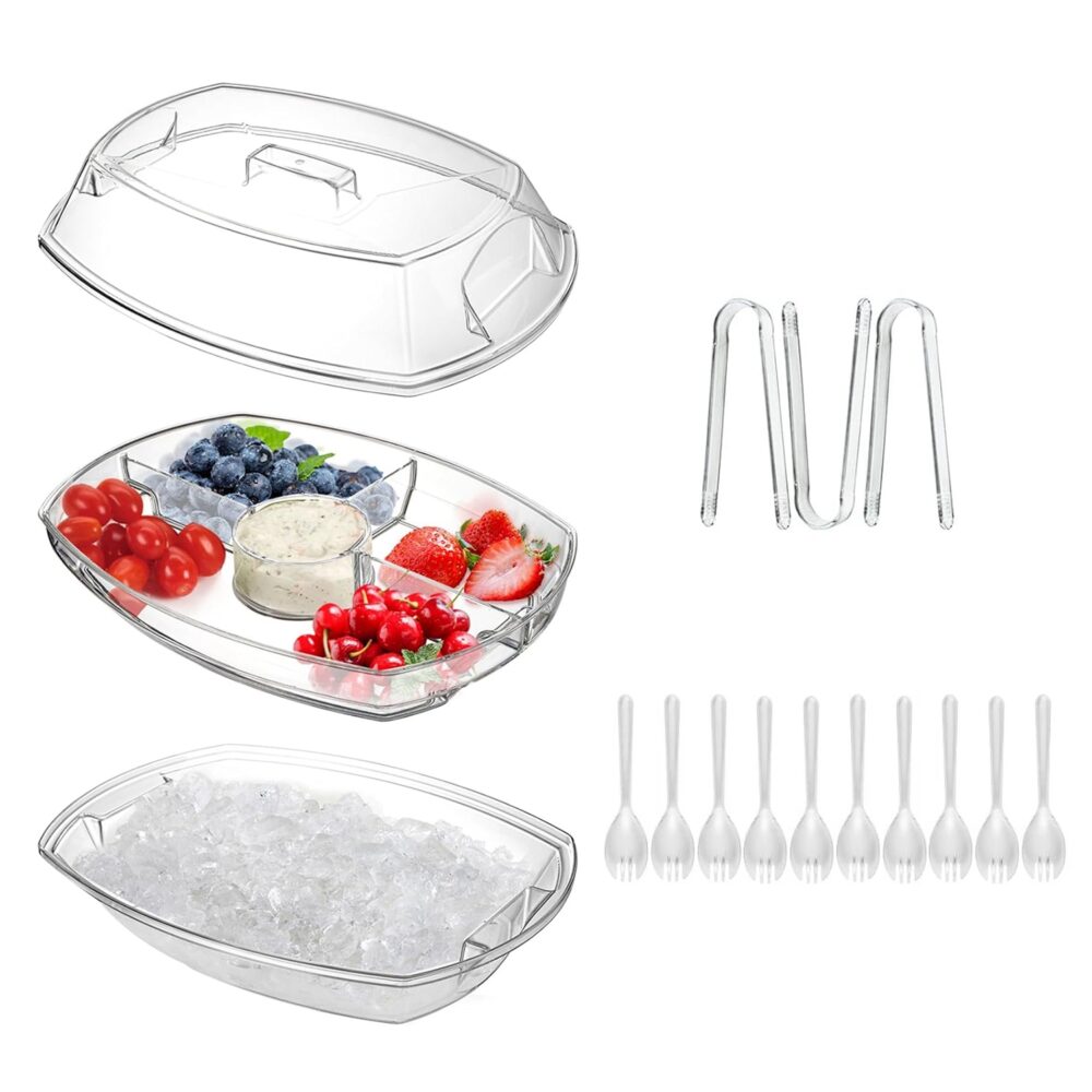 Fruit Ice Serving Tray Chilled Veggie Tray Shrimp Cocktail Serving Dish Appetizer Party Serving Platter Cold Food Buffet Server with Lid and 4 Compartments 3 Tongs 10 Sporks #JL06-18220155 - Image 4