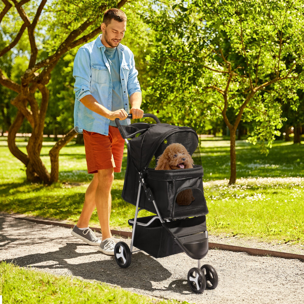 3 Wheels Pet Stroller, Dog Cat Cage Jogger Stroller for Medium Small Dogs Cats, Travel Folding Carrier Waterproof Puppy Stroller with Cup Holder & Removable Liner, Black #JL06-98834310 - Image 9