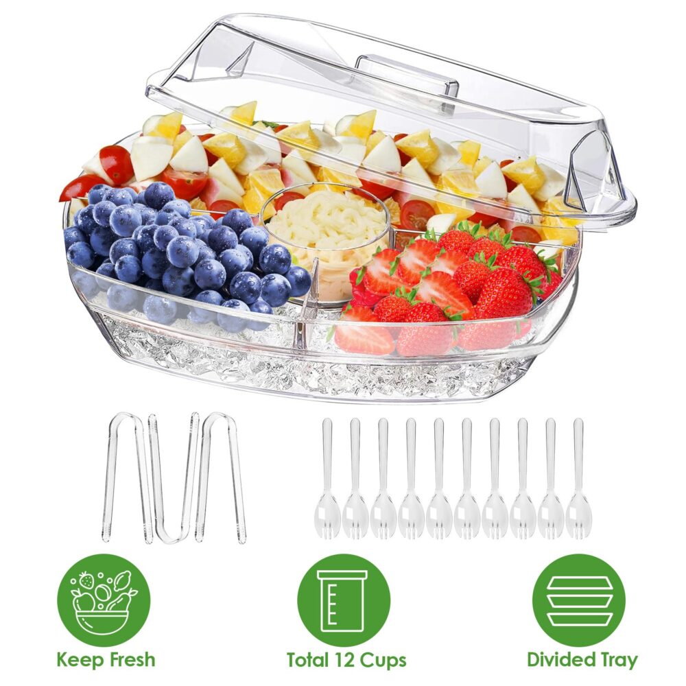 Fruit Ice Serving Tray Chilled Veggie Tray Shrimp Cocktail Serving Dish Appetizer Party Serving Platter Cold Food Buffet Server with Lid and 4 Compartments 3 Tongs 10 Sporks #JL06-18220155 - Image 3