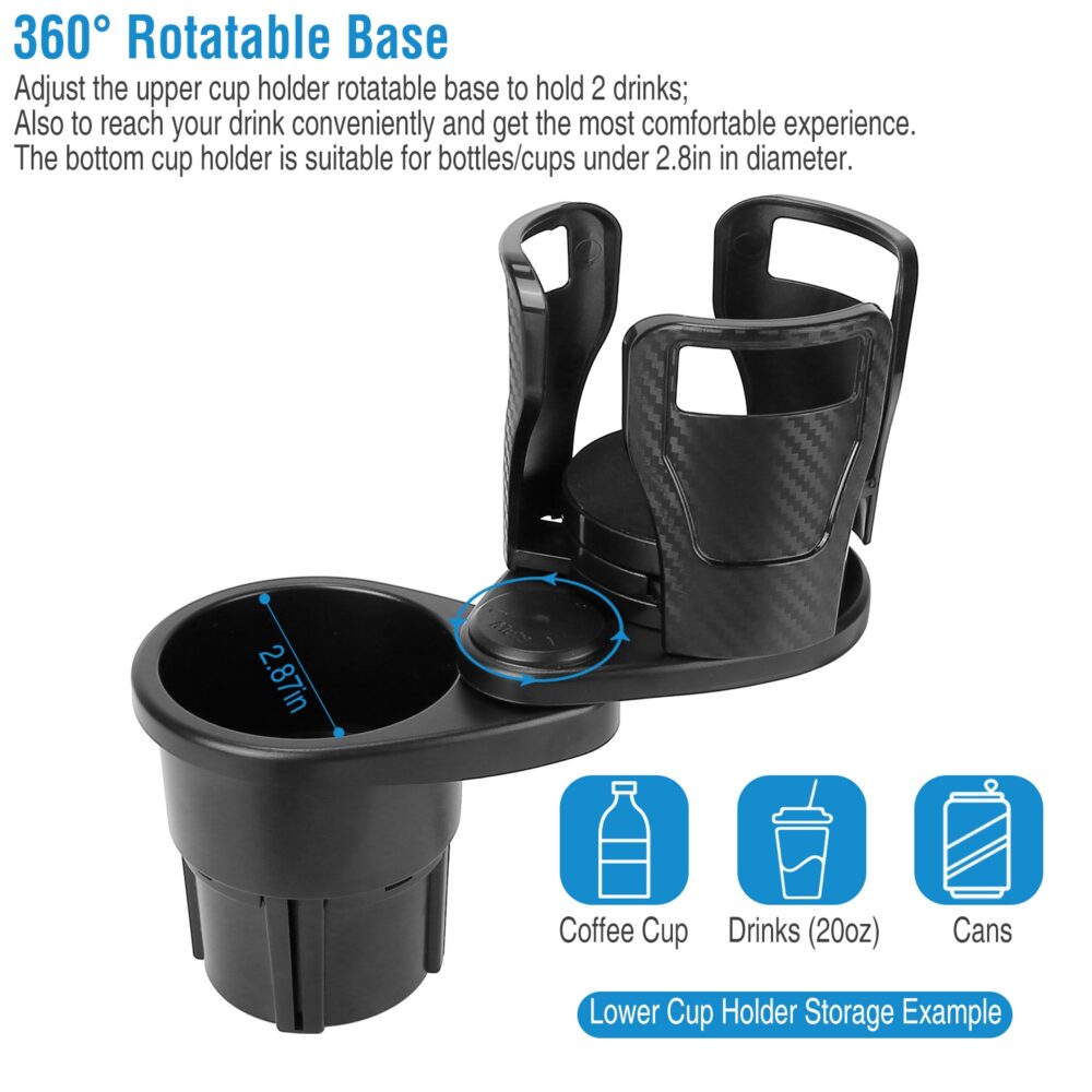 Dual Cup Holder Expander for Car, 2 in 1 Multifunctional Car Cup Holder Extender with Adjustable Base All Purpose for 360° rotatable base of the upper cup holder with Most Cars #JL06-88106500 - Image 6