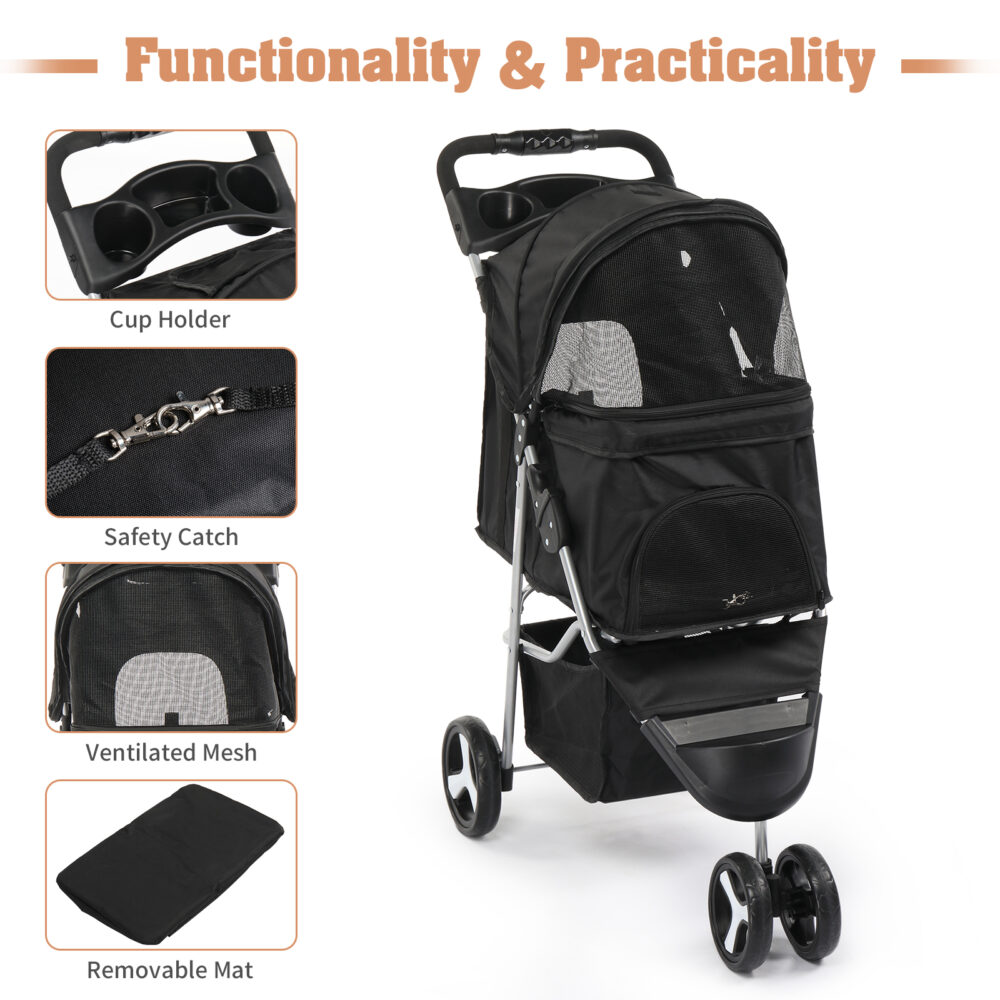 3 Wheels Pet Stroller, Dog Cat Cage Jogger Stroller for Medium Small Dogs Cats, Travel Folding Carrier Waterproof Puppy Stroller with Cup Holder & Removable Liner, Black #JL06-98834310 - Image 12