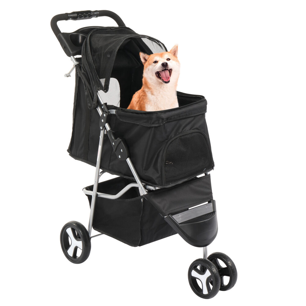 3 Wheels Pet Stroller, Dog Cat Cage Jogger Stroller for Medium Small Dogs Cats, Travel Folding Carrier Waterproof Puppy Stroller with Cup Holder & Removable Liner, Black #JL06-98834310