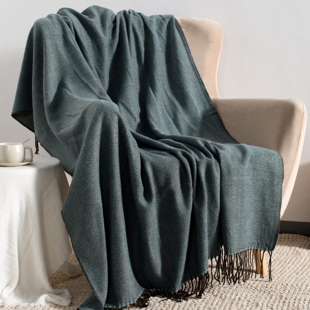 Herringbone Throw Blankets for Couch — 50" x 60" Blue Throw Blanket with Tassels, Soft Lightweight Decorative Farmhouse Blanket for Sofa and Bed #JL05-w12859595