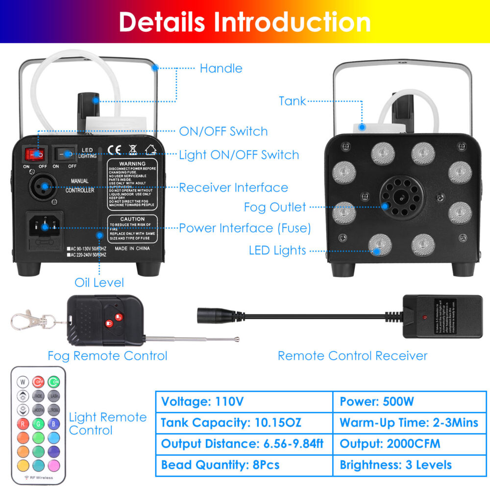 500W Fog Machine 2000CFM Colorful Smoke Machine with 8Pcs LEDs 5 Lighting Effects 3-Level Brightness #JL06-57011748 - Image 4