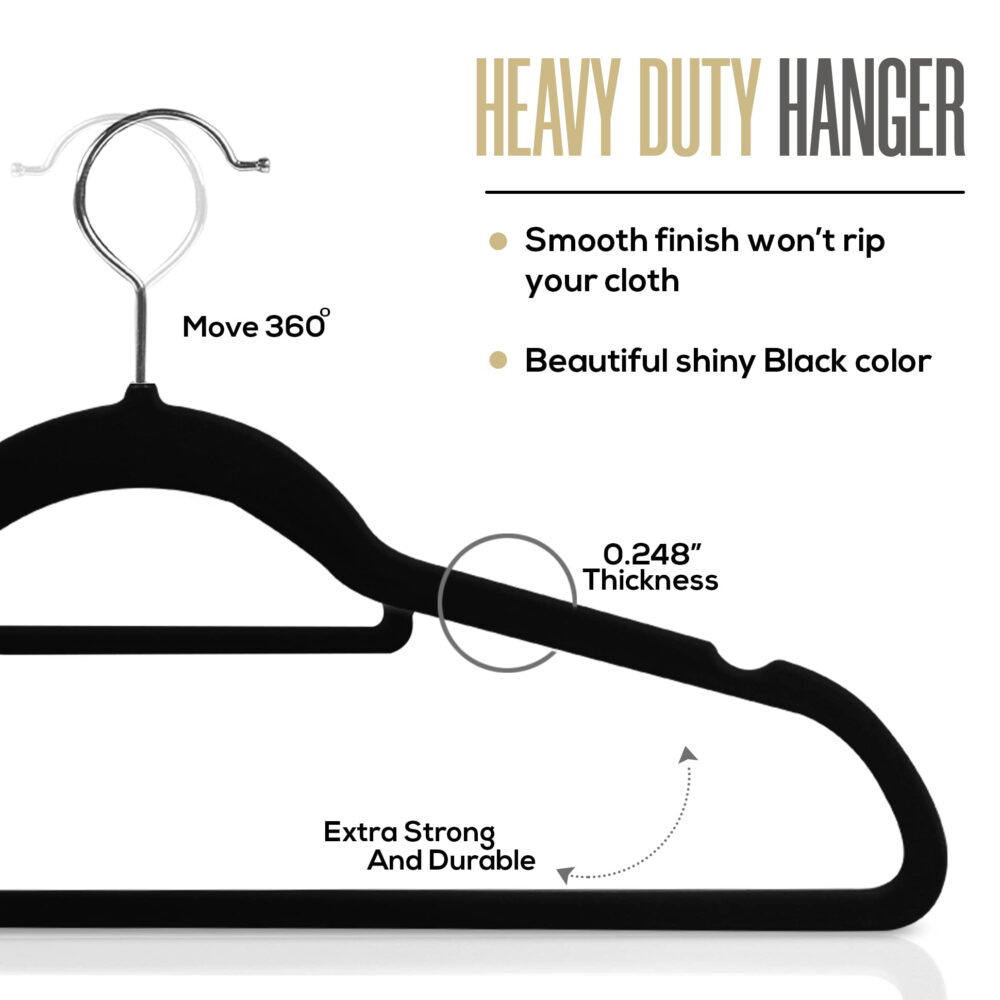 Velvet Hangers - 60PCS Black Space-saving & Non-slip. with Tie Bar and Shoulder Notch. Highly Durable for Suits, Coats, Shirts, Pants and Dresses. Slim Design with 360° Swivel Hook. #JL06-70679556 - Image 8