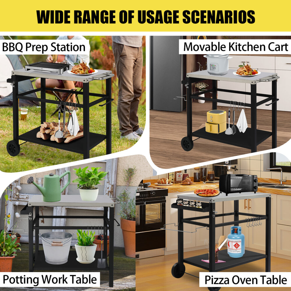 Stainless Steel Flattop Grill Cart, Movable BBQ Trolley Food Prep Cart, Multifunctional Worktable Island with Two Wheels, Hooks #SY-61481782 - Image 2