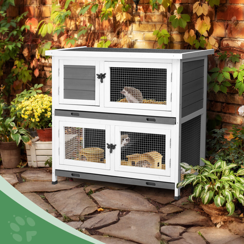 2 Story Solid Wood Rabbit Hutch Bunny Cage with 2 Large Main Rooms, Indoor Outdoor Rabbit House Guinea Pig Cage Pet House for Small Animals with 2 Removable Trays, Grey #JL06-92572519 - Image 2