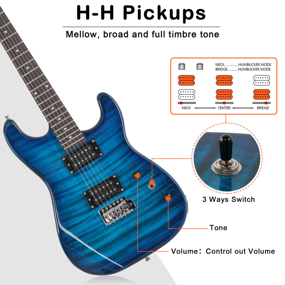 Glarry GST Stylish H-H Pickup Tiger Stripe Electric Guitar Kit with 20W AMP Bag Guitar Strap Blue #JL06-12856769 - Image 3