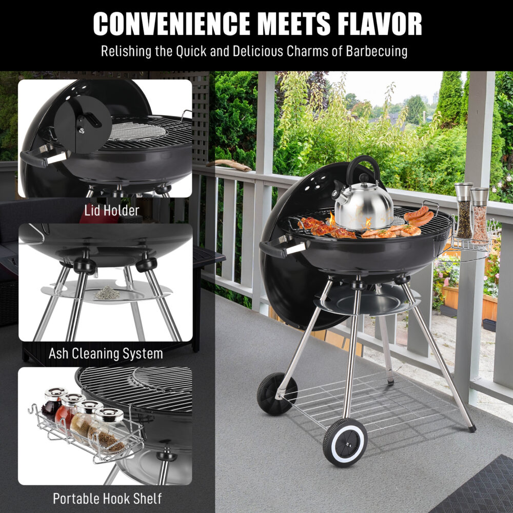 28-Inch Portable Charcoal Grill with Wheels and Storage Holder, Porcelain-Enameled Lid and Ash Catcher & Thermometer, Round Barbecue Kettle Grill Bowl Wheels for Outdoor Party Camping Picnic #SY-65389357 - Image 2