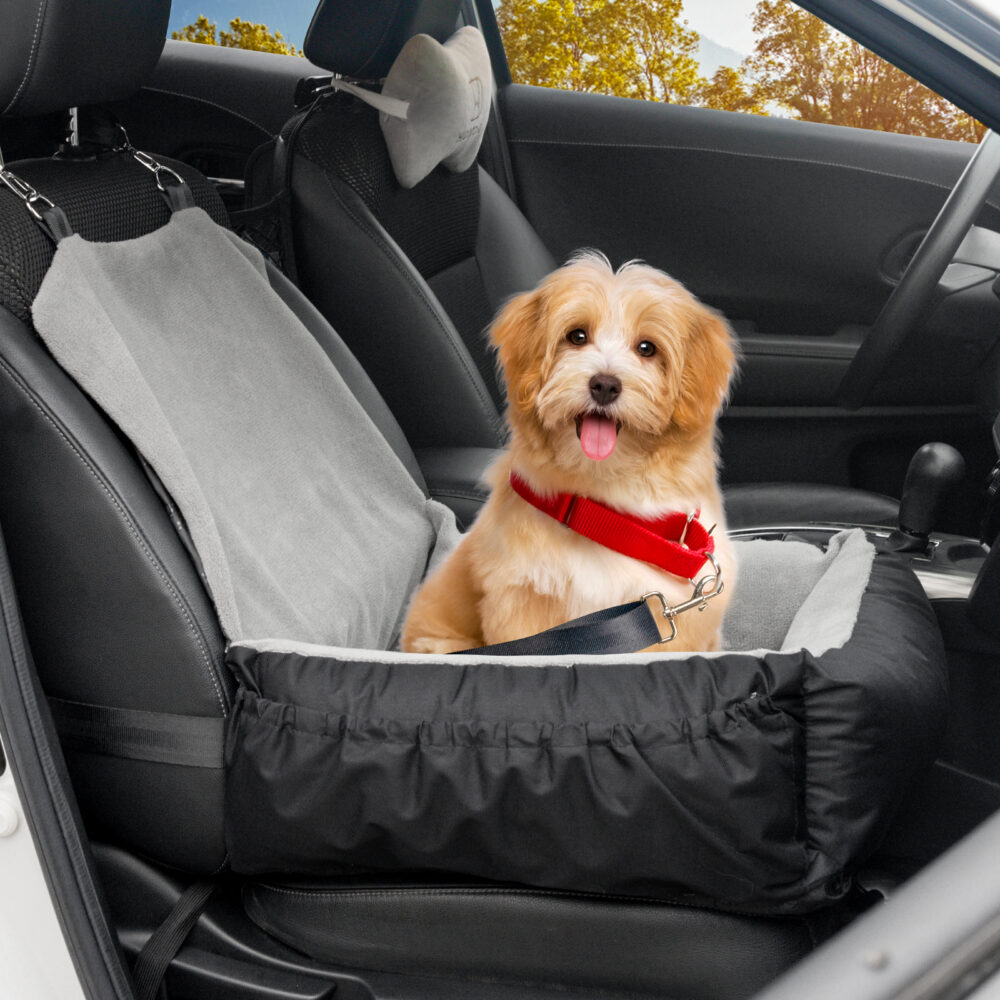 Dog car seat, Pet car seat with storage pocket and clip-on safety leash, washable coral fleece dog Booster Seat, Suitable for small medium dog, Small Dog Car Seat, Suitable for Travel Dog Car Bed (brown) #JL01-USA-234