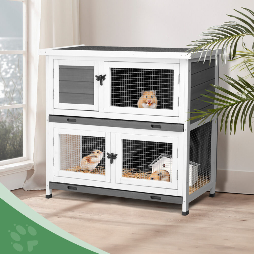 2 Story Solid Wood Rabbit Hutch Bunny Cage with 2 Large Main Rooms, Indoor Outdoor Rabbit House Guinea Pig Cage Pet House for Small Animals with 2 Removable Trays, Grey #JL06-92572519