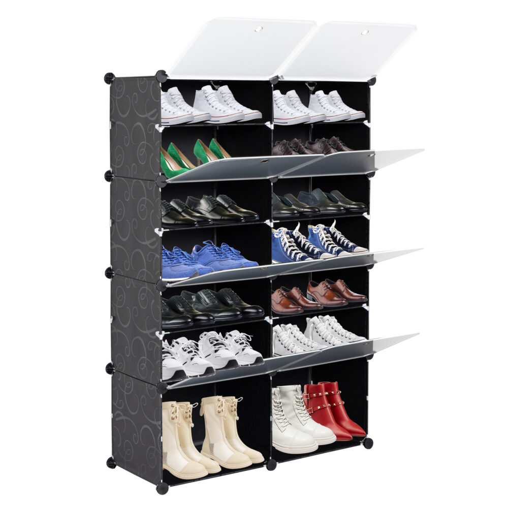 7-Tier Portable 28 Pair Shoe Rack Organizer 14 Grids Tower Shelf Storage Cabinet Stand Expandable for Heels, Boots, Slippers, Black #SY-95760738 - Image 7