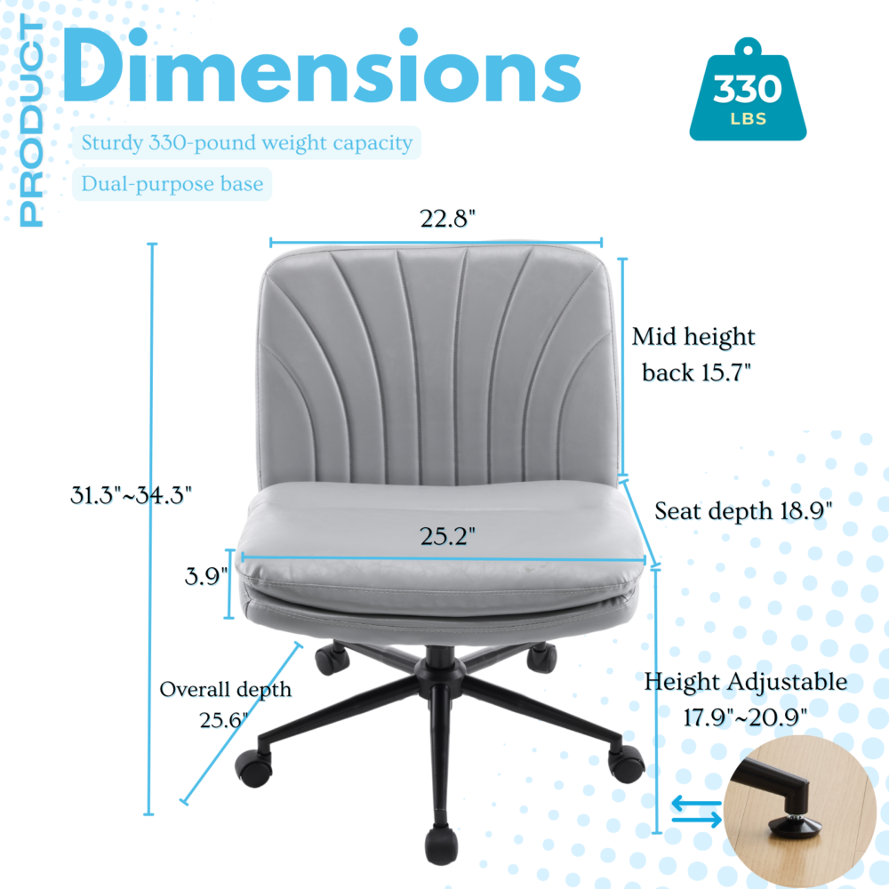 Criss Cross Chair with Wheels & pegs,Dual-Base Wide Armless Comfy Desk Chair Cross Legged,Adjustable Swivel Modern Vanity Chair,Computer Rolling Chair for Home Office,Makeup,Waxed PU,Grey #JL06-27503897 - Image 5