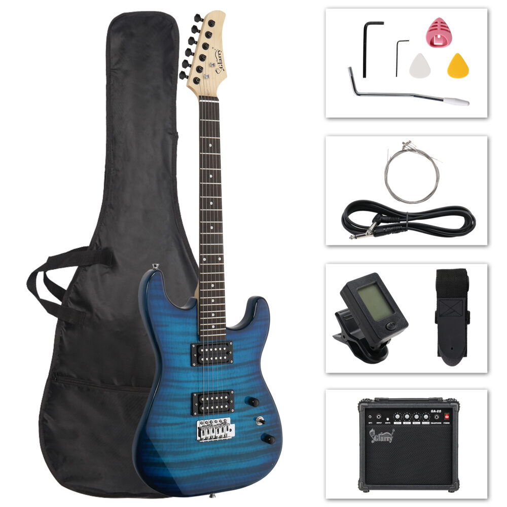 Glarry GST Stylish H-H Pickup Tiger Stripe Electric Guitar Kit with 20W AMP Bag Guitar Strap Blue #JL06-12856769 - Image 4