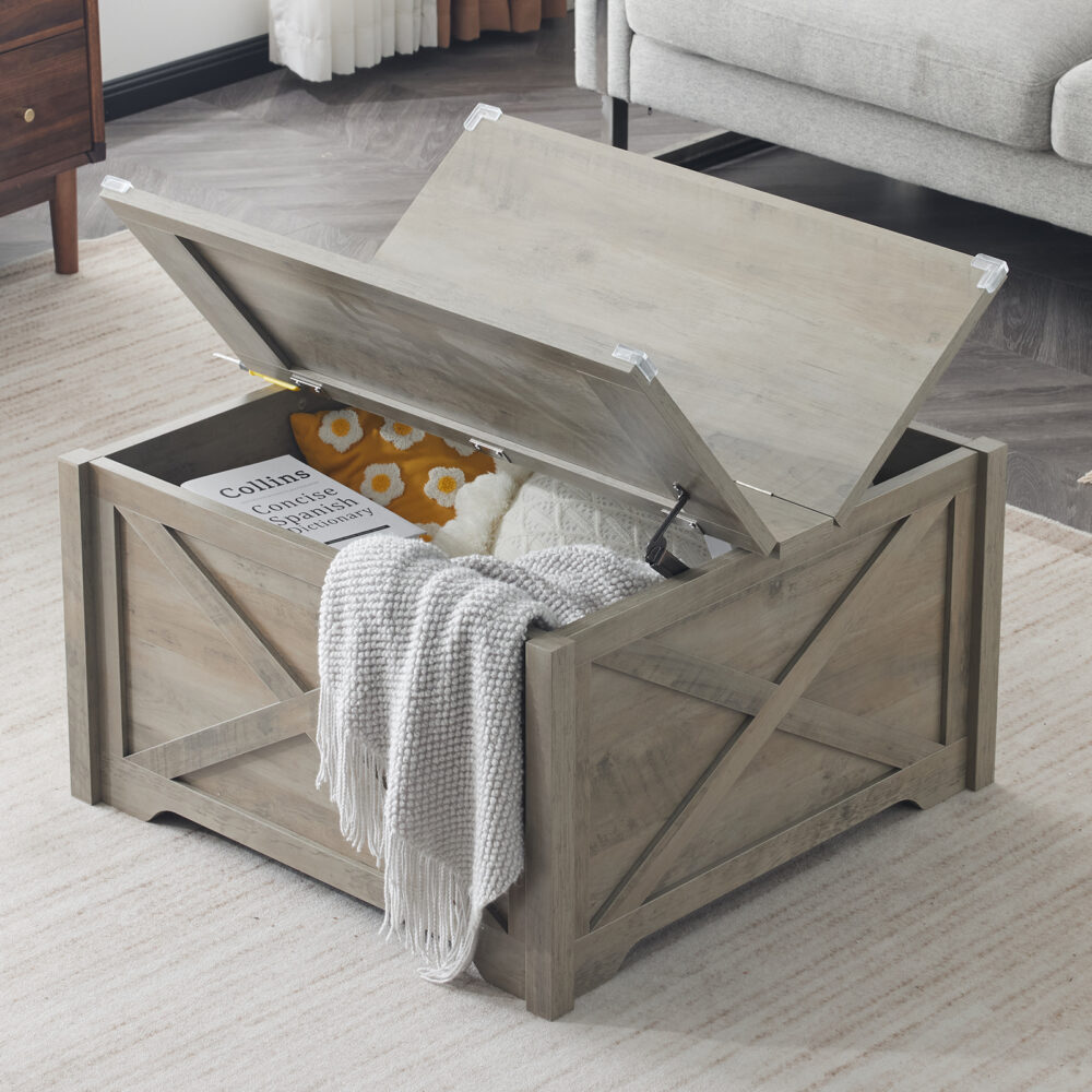 Farmhouse Coffee Table, Square Wood Center Table with Large Hidden Storage Compartment for Living Room, Rustic Cocktail Table with Hinged Lift Top for Home, Rustic Gray #JL06-02342395