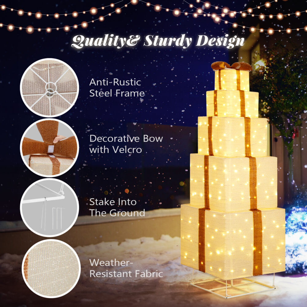 6FT Lighted Gift Box Tower, Pre-lit Pull Up Present Boxes with 200 LED Warm White Lights and Ropes Stakes for Christmas Outdoor Indoor Decorations Lighted Holiday Displays, Beige #SY-11311088 - Image 2