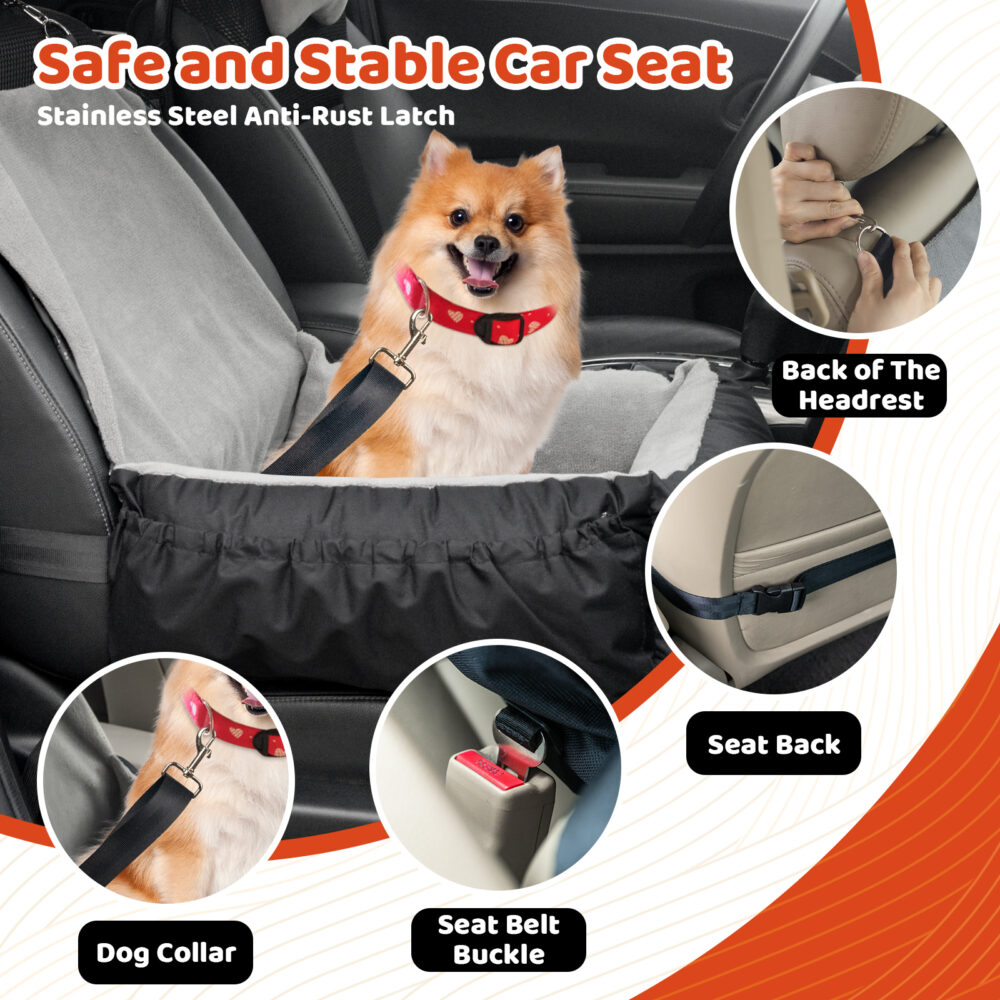 Dog car seat, Pet car seat with storage pocket and clip-on safety leash, washable coral fleece dog Booster Seat, Suitable for small medium dog, Small Dog Car Seat, Suitable for Travel Dog Car Bed (brown) #JL01-USA-234 - Image 2