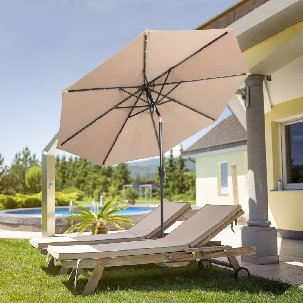 9FT Umbrella Waterproof Folding Sunshade Beige With Light( Not Included Umbrella Base) #SY-26402710 - Image 6