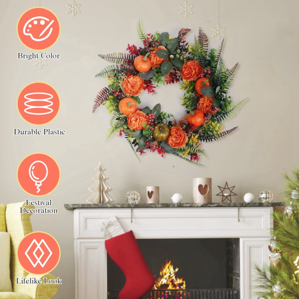 17.71" Autumn Wreath with Pumpkin Mixed Leaves Berries Flowers Fall Decoration for Indoor Outdoor Window Wall Front Door in Halloween Thanks Giving Day #SY-59165949