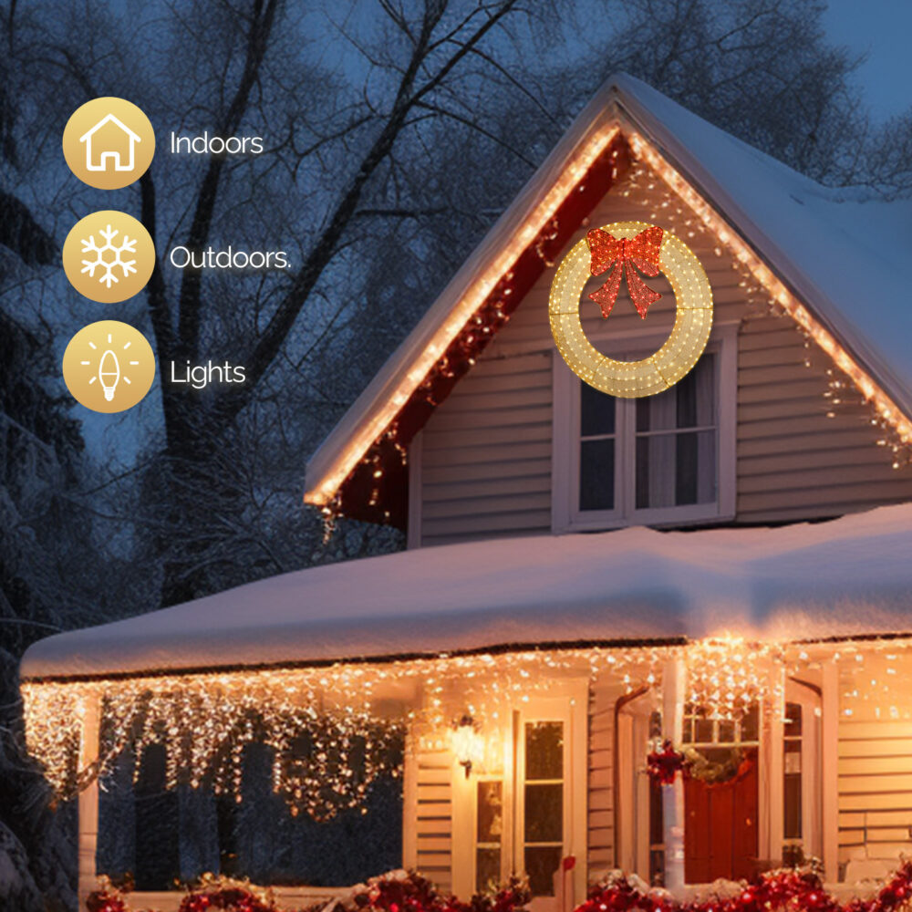 48in Pre-Lit Outdoor Christmas Wreath Decoration, LED Metal Holiday Decor for Home Exterior, Garden w/ 315 Lights, Bow - Gold/Red #SY-12224842 - Image 3