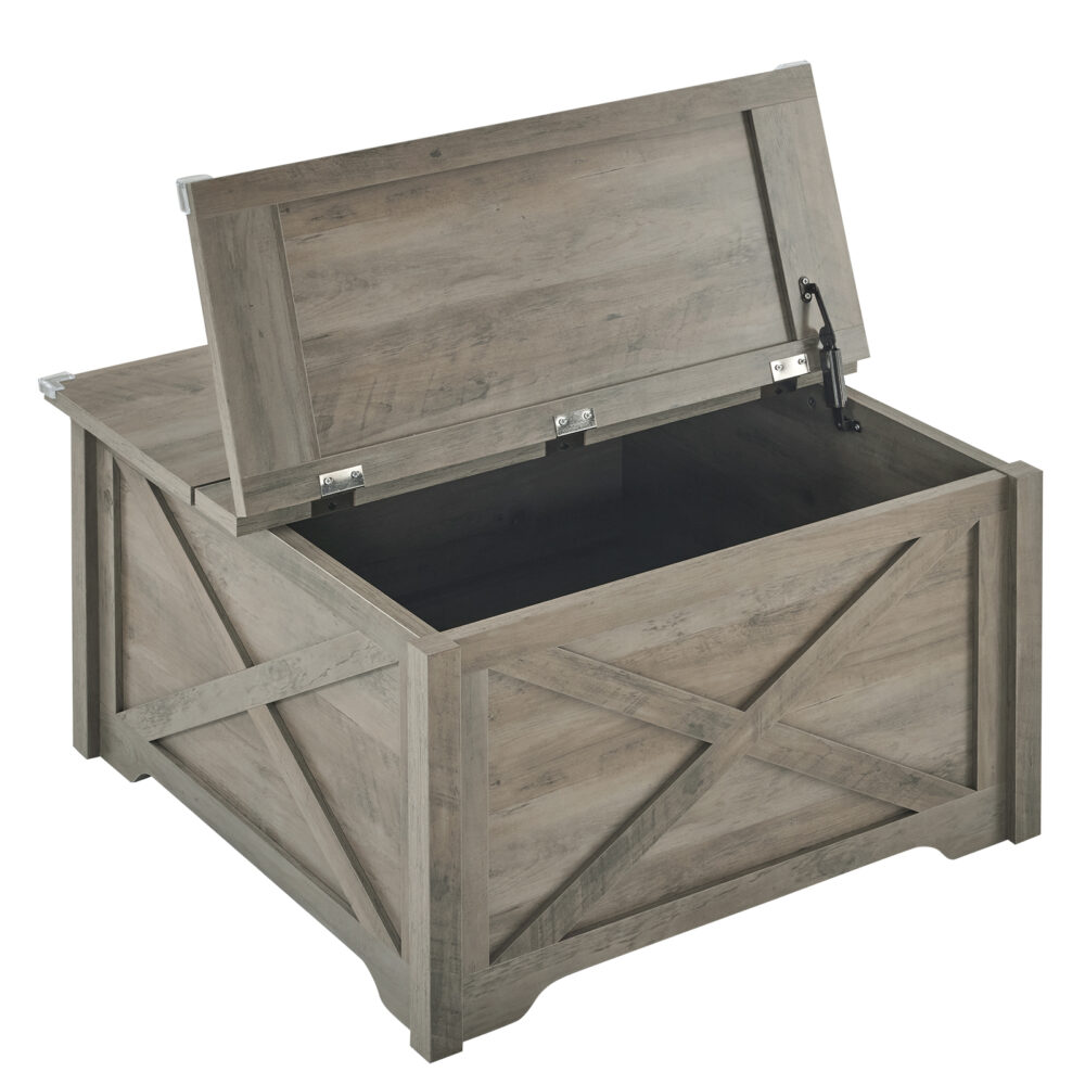 Farmhouse Coffee Table, Square Wood Center Table with Large Hidden Storage Compartment for Living Room, Rustic Cocktail Table with Hinged Lift Top for Home, Rustic Gray #JL06-02342395 - Image 2