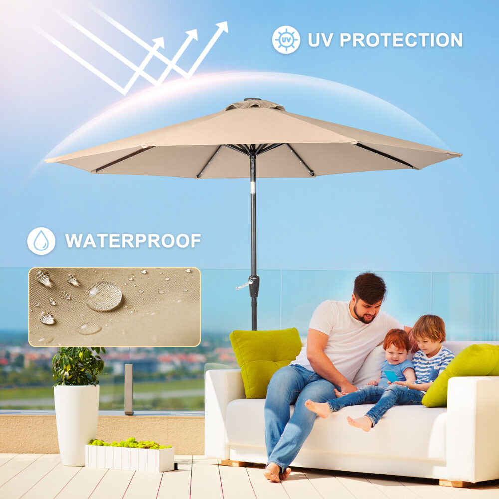 9FT Umbrella Waterproof Folding Sunshade Beige With Light( Not Included Umbrella Base) #SY-26402710 - Image 2