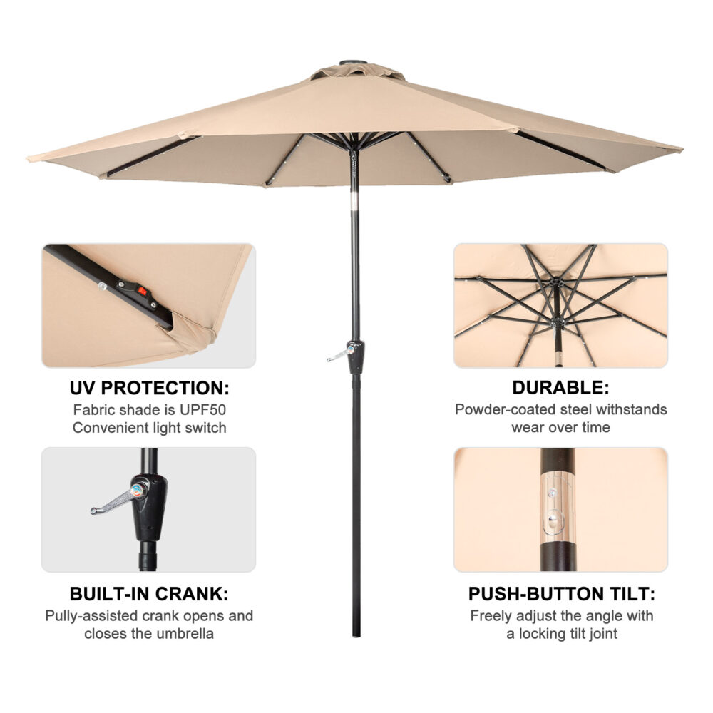 9FT Umbrella Waterproof Folding Sunshade Beige With Light( Not Included Umbrella Base) #SY-26402710 - Image 8