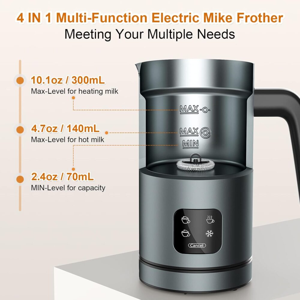 Frother for Coffee, Milk Frother, 4 IN 1 Automatic Hot and Cold Foam Maker, BIZEWO Stainless Steel Milk Steamer for Latte, Cappuccinos, Macchiato, Hot Chocolate Milk with LED Touch #JL06-02429932 - Image 2