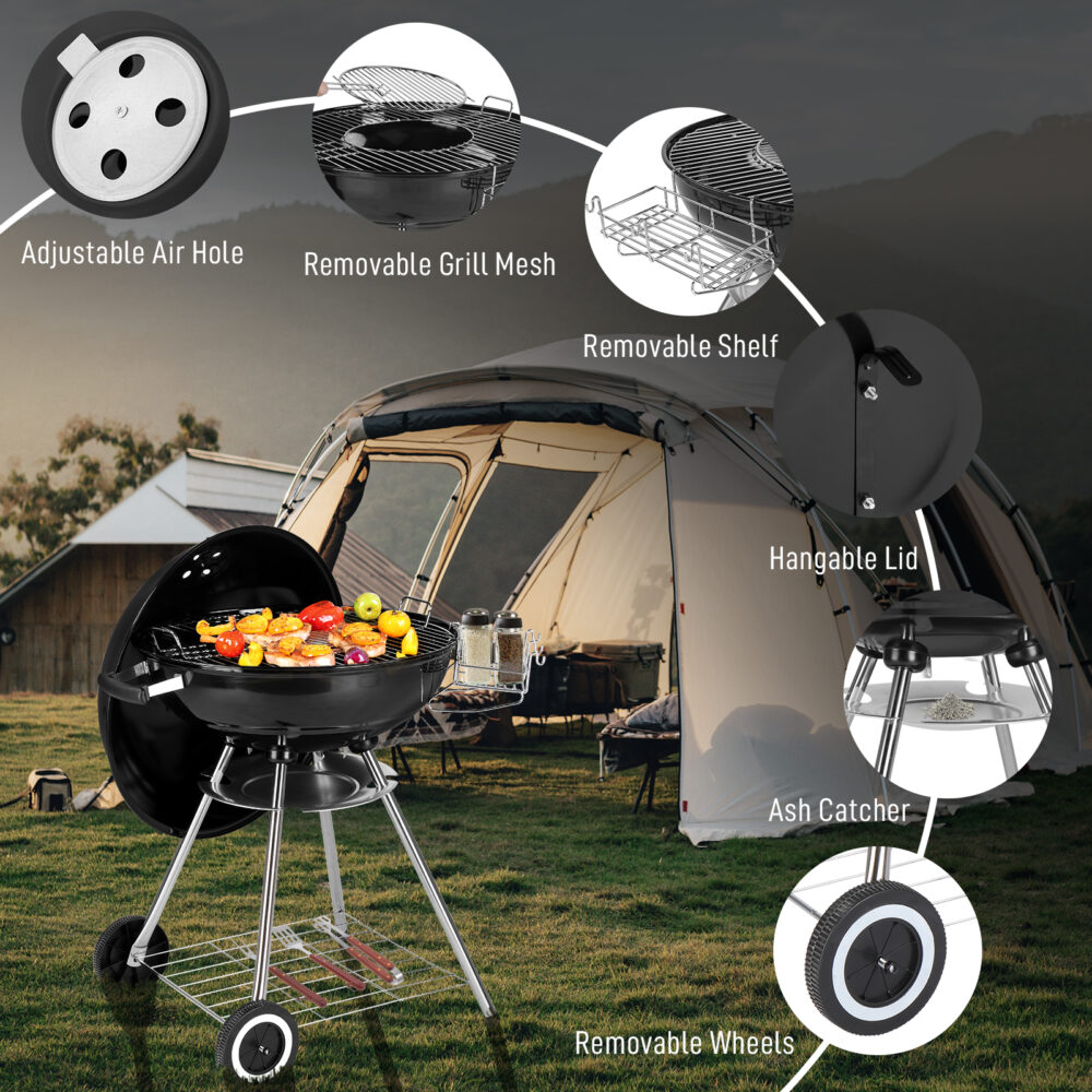 28-Inch Portable Charcoal Grill with Wheels and Storage Holder, Porcelain-Enameled Lid and Ash Catcher & Thermometer, Round Barbecue Kettle Grill Bowl Wheels for Outdoor Party Camping Picnic #SY-65389357 - Image 3