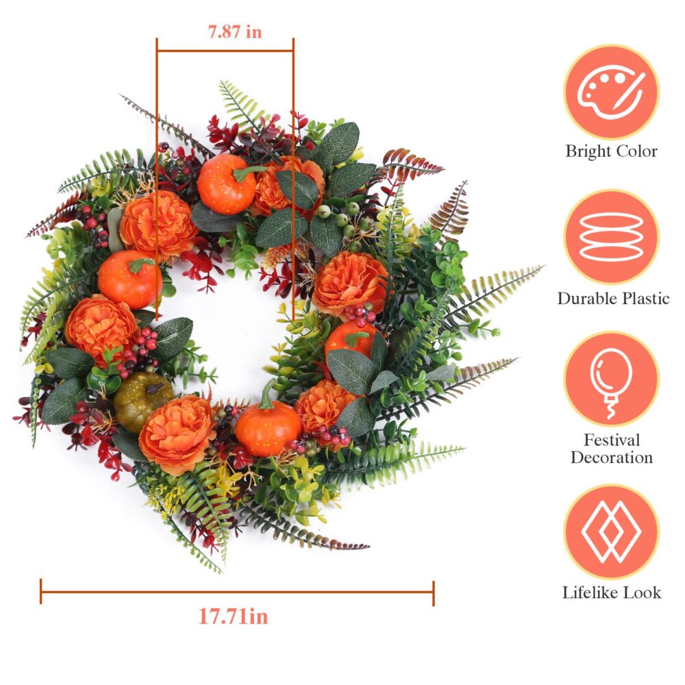 17.71" Autumn Wreath with Pumpkin Mixed Leaves Berries Flowers Fall Decoration for Indoor Outdoor Window Wall Front Door in Halloween Thanks Giving Day #SY-59165949 - Image 2