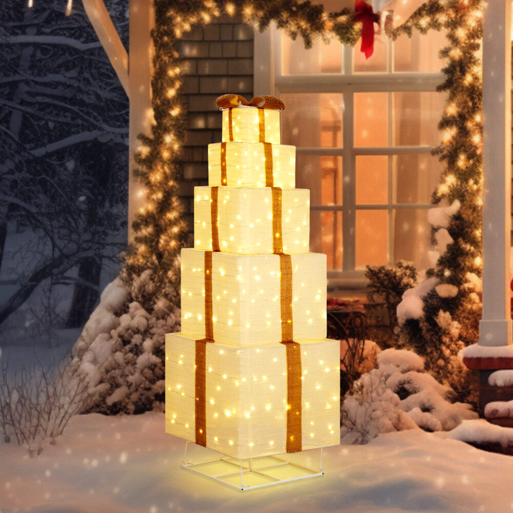 6FT Lighted Gift Box Tower, Pre-lit Pull Up Present Boxes with 200 LED Warm White Lights and Ropes Stakes for Christmas Outdoor Indoor Decorations Lighted Holiday Displays, Beige #SY-11311088