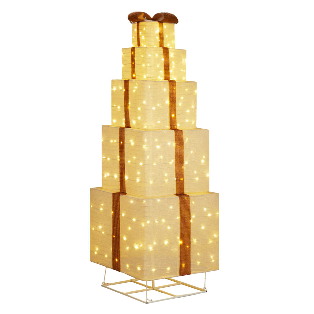 6FT Lighted Gift Box Tower, Pre-lit Pull Up Present Boxes with 200 LED Warm White Lights and Ropes Stakes for Christmas Outdoor Indoor Decorations Lighted Holiday Displays, Beige #SY-11311088 - Image 3