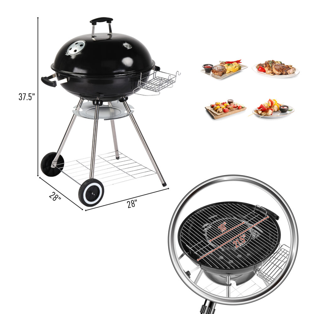 28-Inch Portable Charcoal Grill with Wheels and Storage Holder, Porcelain-Enameled Lid and Ash Catcher & Thermometer, Round Barbecue Kettle Grill Bowl Wheels for Outdoor Party Camping Picnic #SY-65389357 - Image 6