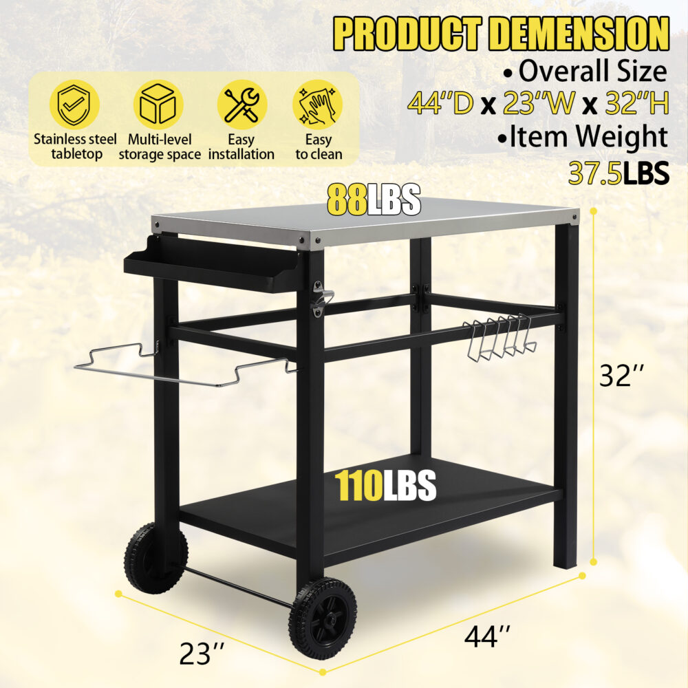 Stainless Steel Flattop Grill Cart, Movable BBQ Trolley Food Prep Cart, Multifunctional Worktable Island with Two Wheels, Hooks #SY-61481782 - Image 8