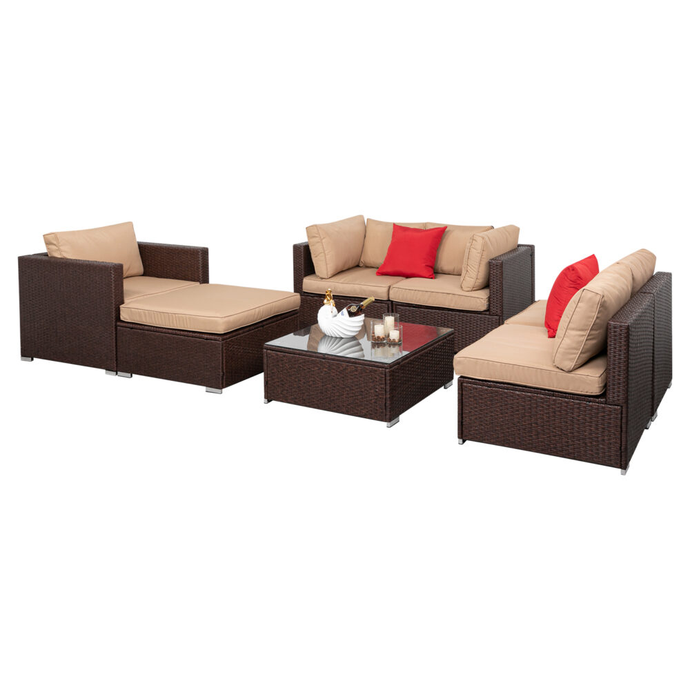 7 Pieces Wood Grain Patio PE Wicker Rattan Corner Sofa Set #JL06-09272608 - Image 6