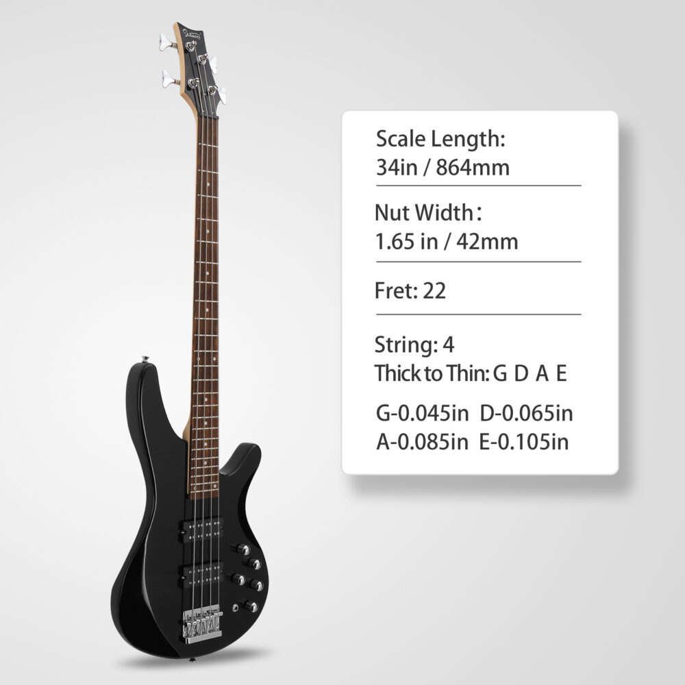 Glarry 44 Inch GIB 4 String H-H Pickup Laurel Wood Fingerboard Electric Bass Guitar with Bag and other Accessories Black #JL06-93617569 - Image 8