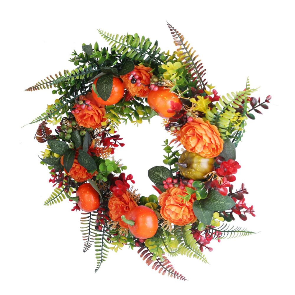 17.71" Autumn Wreath with Pumpkin Mixed Leaves Berries Flowers Fall Decoration for Indoor Outdoor Window Wall Front Door in Halloween Thanks Giving Day #SY-59165949 - Image 5