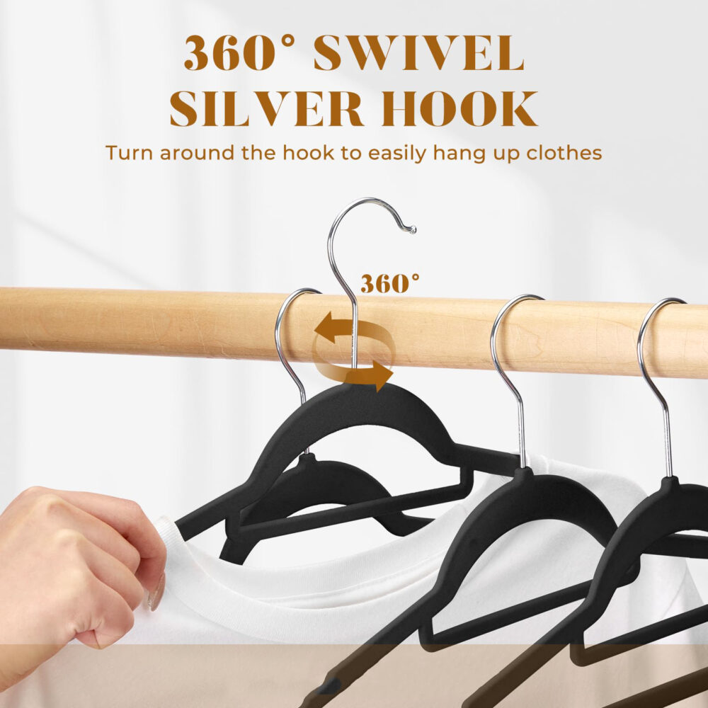 Velvet Hangers - 60PCS Black Space-saving & Non-slip. with Tie Bar and Shoulder Notch. Highly Durable for Suits, Coats, Shirts, Pants and Dresses. Slim Design with 360° Swivel Hook. #JL06-70679556 - Image 7