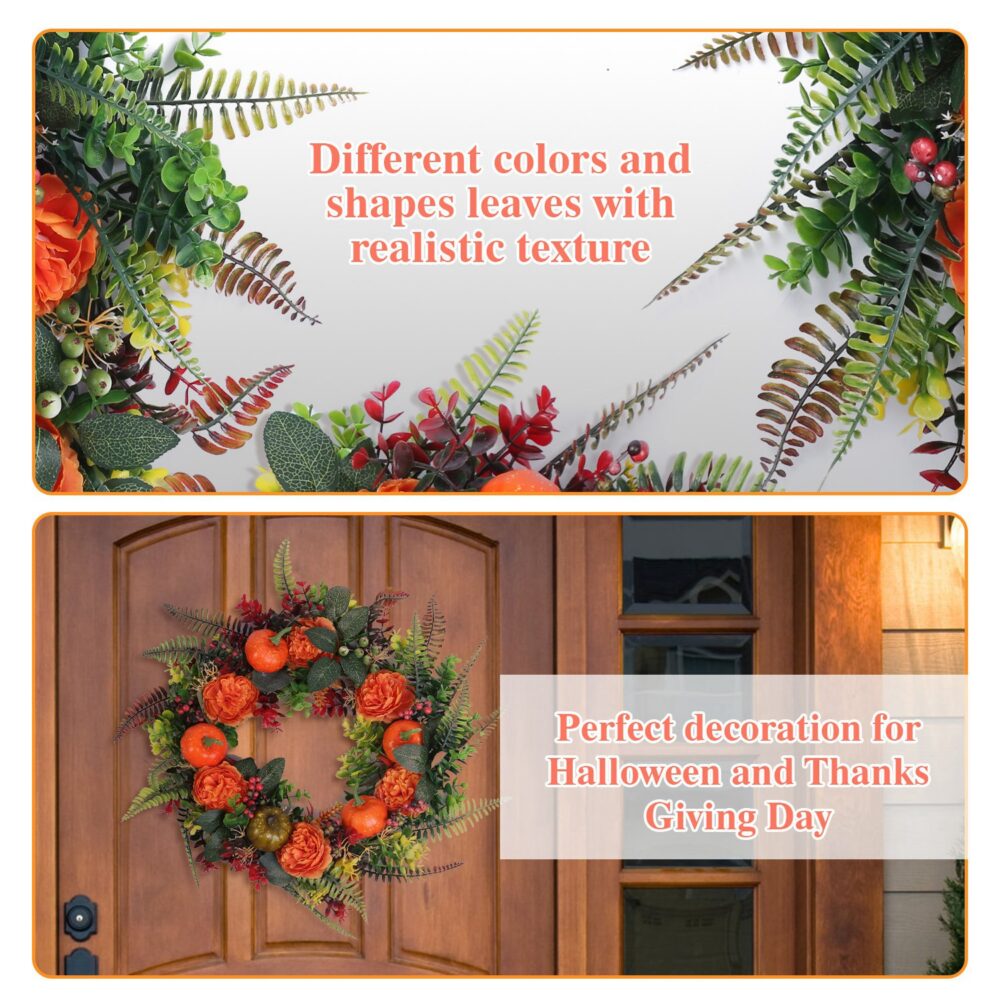 17.71" Autumn Wreath with Pumpkin Mixed Leaves Berries Flowers Fall Decoration for Indoor Outdoor Window Wall Front Door in Halloween Thanks Giving Day #SY-59165949 - Image 3