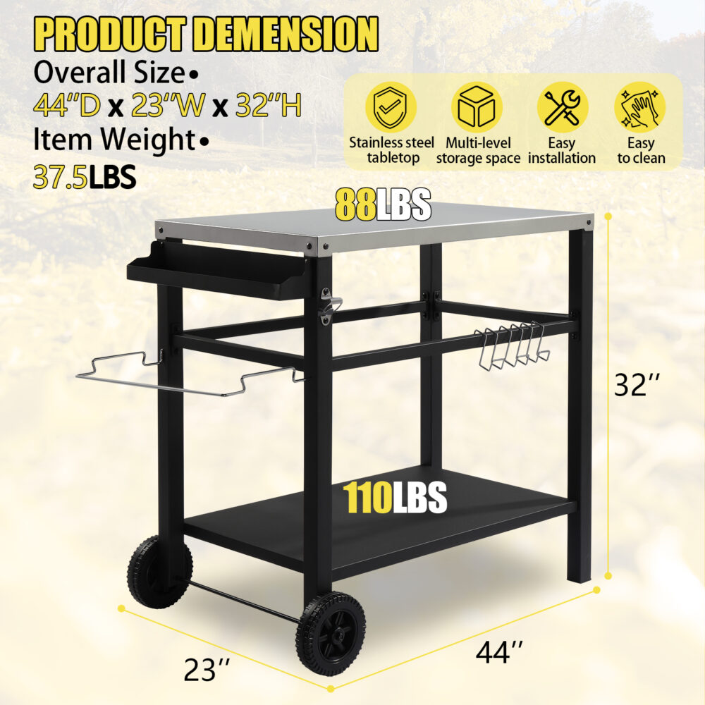 Stainless Steel Flattop Grill Cart, Movable BBQ Trolley Food Prep Cart, Multifunctional Worktable Island with Two Wheels, Hooks #SY-61481782 - Image 6