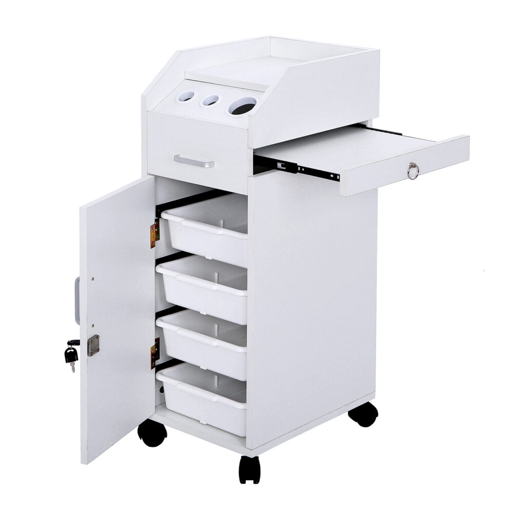 Hair Salon Storage Cart with Wheels & 3 Hair Dryer Holders & 4 Drawers & Lock & 2 Keys, Hairdressing Tools Station Mobile Makeup Case White #SY-96176342 - Image 10