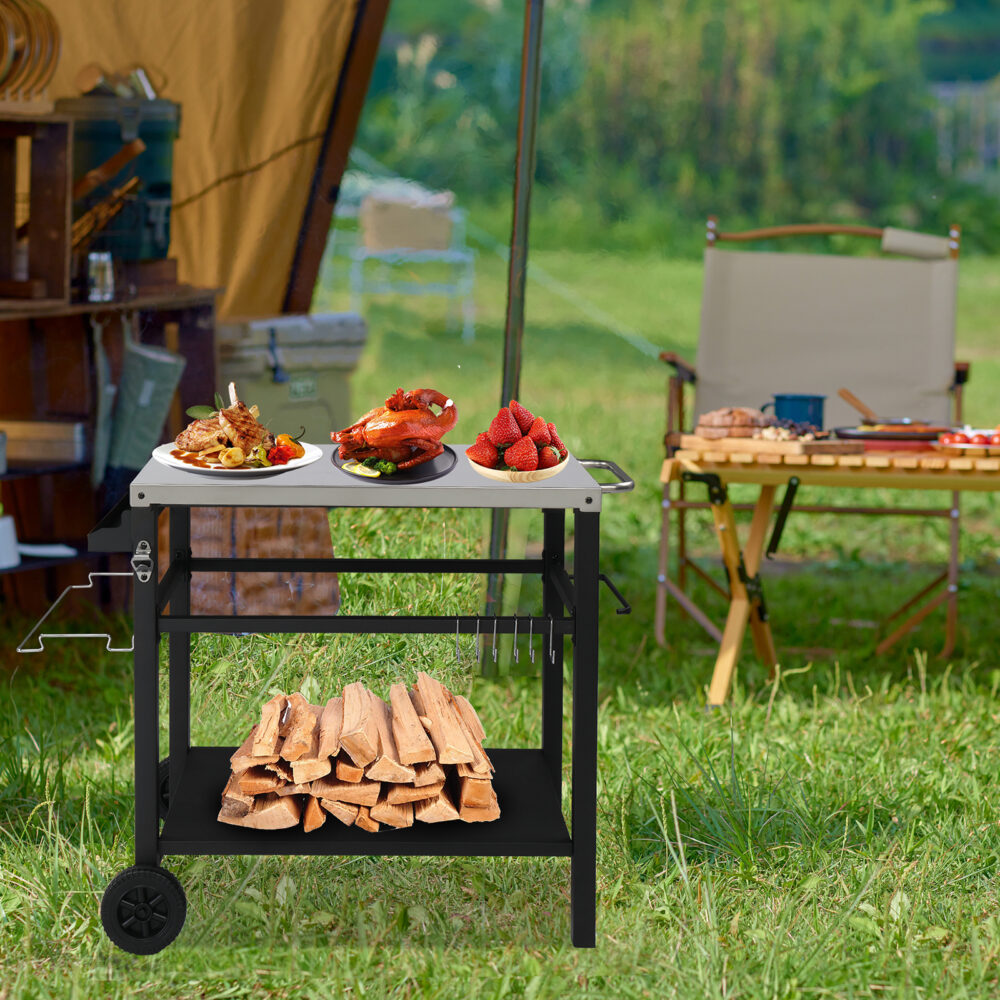 Stainless Steel Flattop Grill Cart, Movable BBQ Trolley Food Prep Cart, Multifunctional Worktable Island with Two Wheels, Hooks #SY-61481782 - Image 7