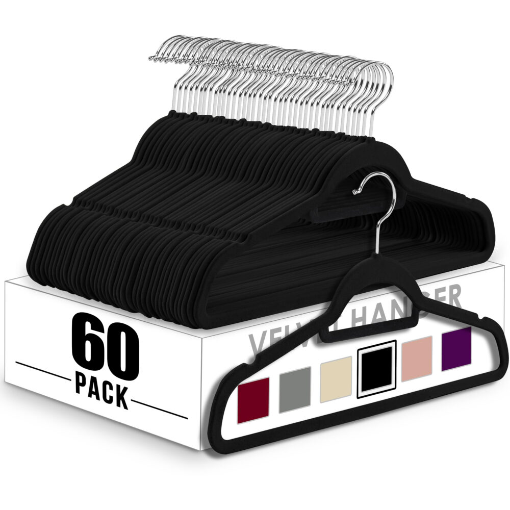 Velvet Hangers - 60PCS Black Space-saving & Non-slip. with Tie Bar and Shoulder Notch. Highly Durable for Suits, Coats, Shirts, Pants and Dresses. Slim Design with 360° Swivel Hook. #JL06-70679556