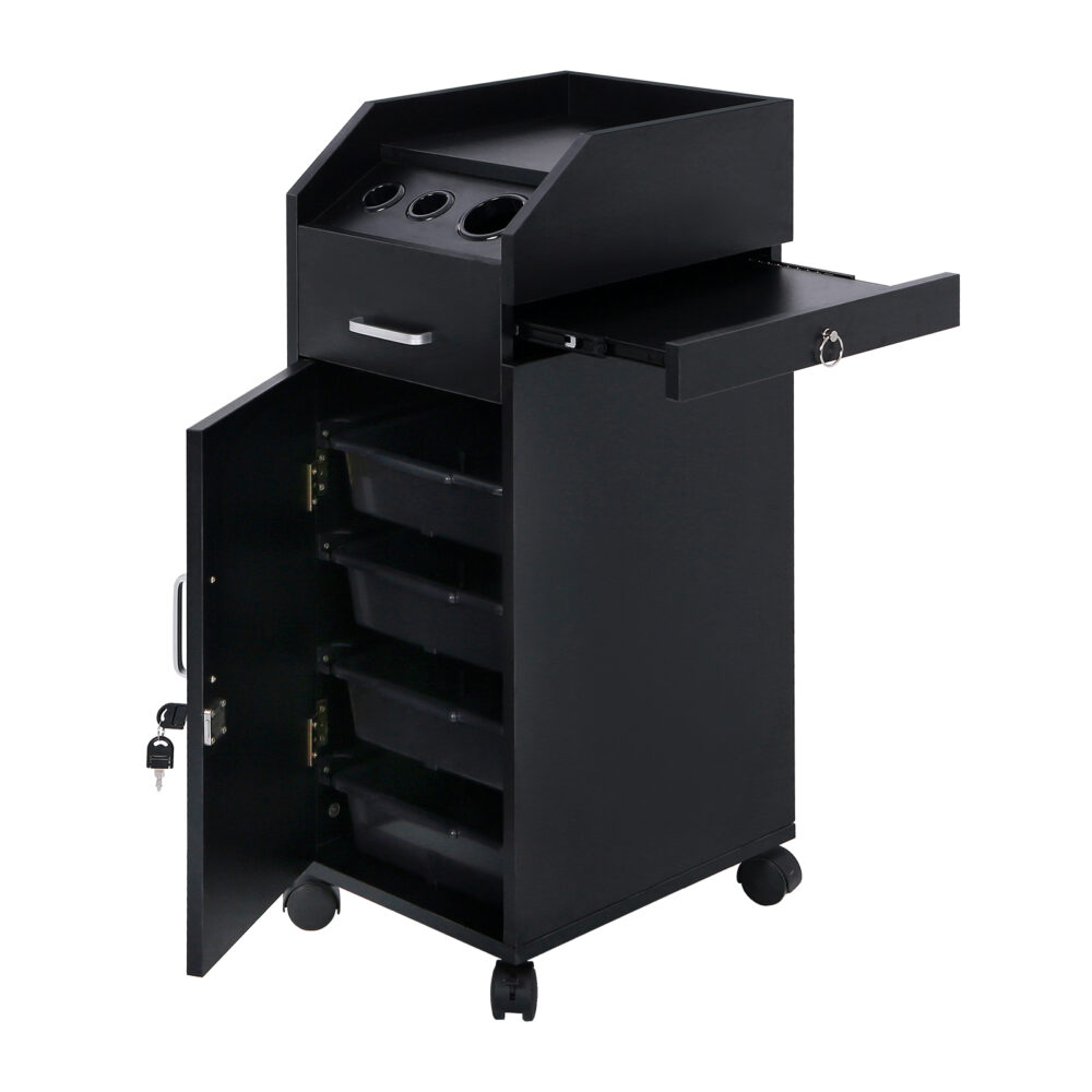 Hair Salon Storage Cart with Wheels & 3 Hair Dryer Holders & 4 Drawers & Lock & 2 Keys, Hairdressing Tools Station Mobile Makeup Case Black #SY-08788011 - Image 3