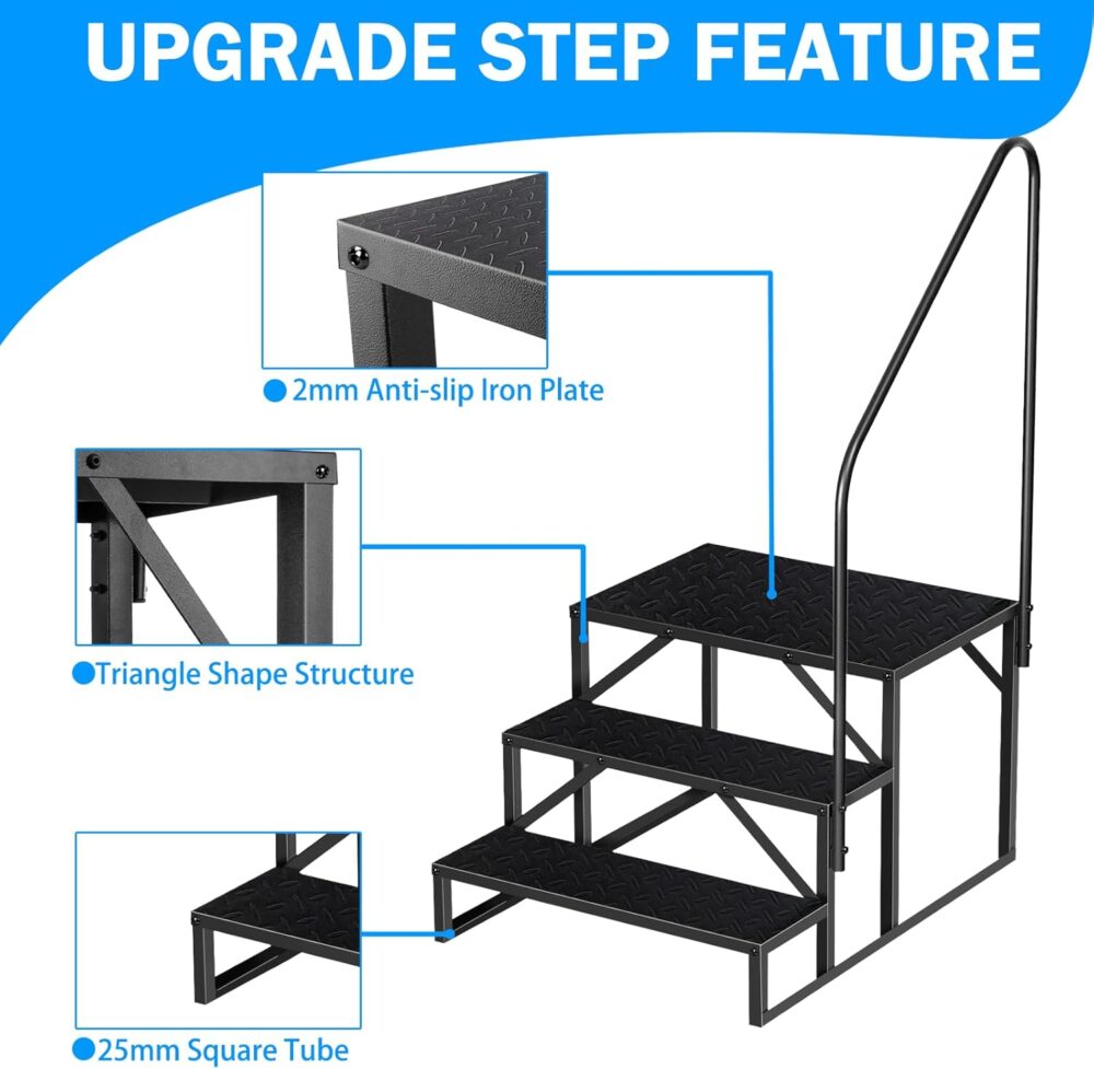 RV Step Stool, 3 Step Ladder, Hot Tub Steps with Handrail, Portable Pool Ladder, 660Lbs Heavy Duty Ladder Shelf Outdoor Mobile Home Stairs for Camper/Porch/SPA Pool/Pet Stairs #JL06-54852503 - Image 4